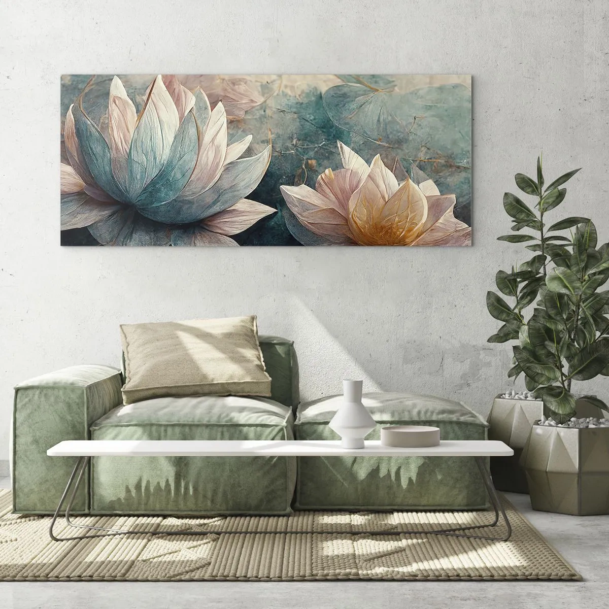 Glasbild - Bild auf glas - Dezente Seerosen in Pastelltönen von Blau und Gold - 140x50cm - Seesterne - Moderne Wanddekoration für Wohnzimmer und Schlafzimmer ARTTOR