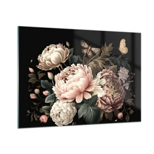 Glasbild - Bild auf glas - Blumenkomposition mit Schmetterlingen auf schwarzem Hintergrund - 100x70cm - Im Barockstil - Moderne Wanddekoration für Wohnzimmer und Schlafzimmer ARTTOR