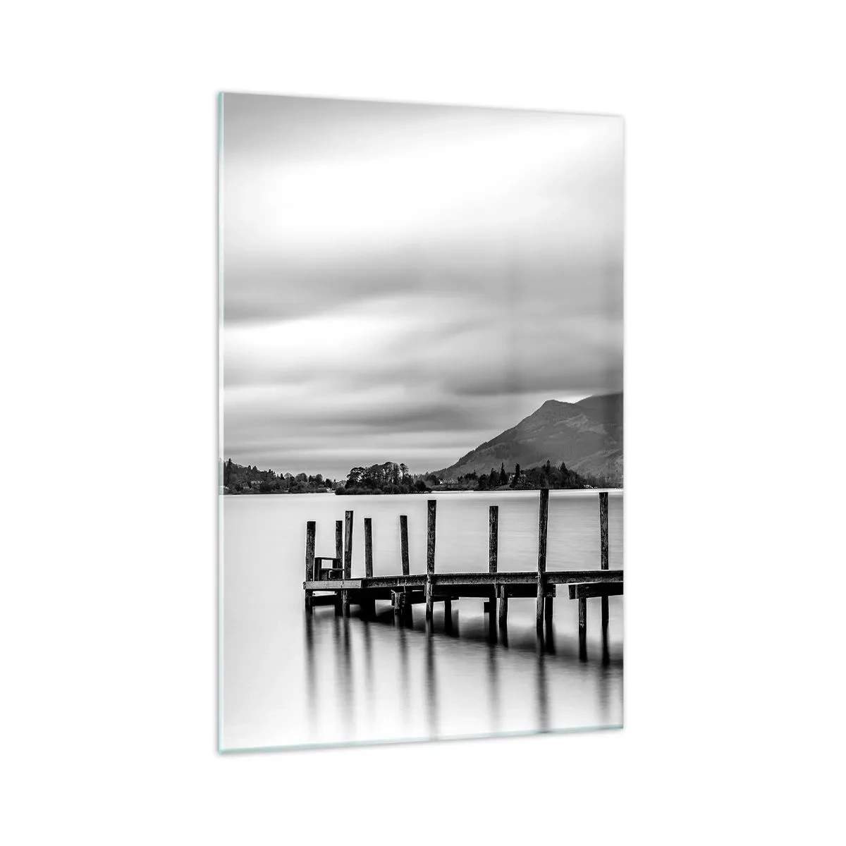 Glasbild - Bild auf glas - Schwarz-weiße Landschaft mit einem Pier über einem See - 70x100cm - Milde und Kraft - Moderne Wanddekoration für Wohnzimmer und Schlafzimmer ARTTOR