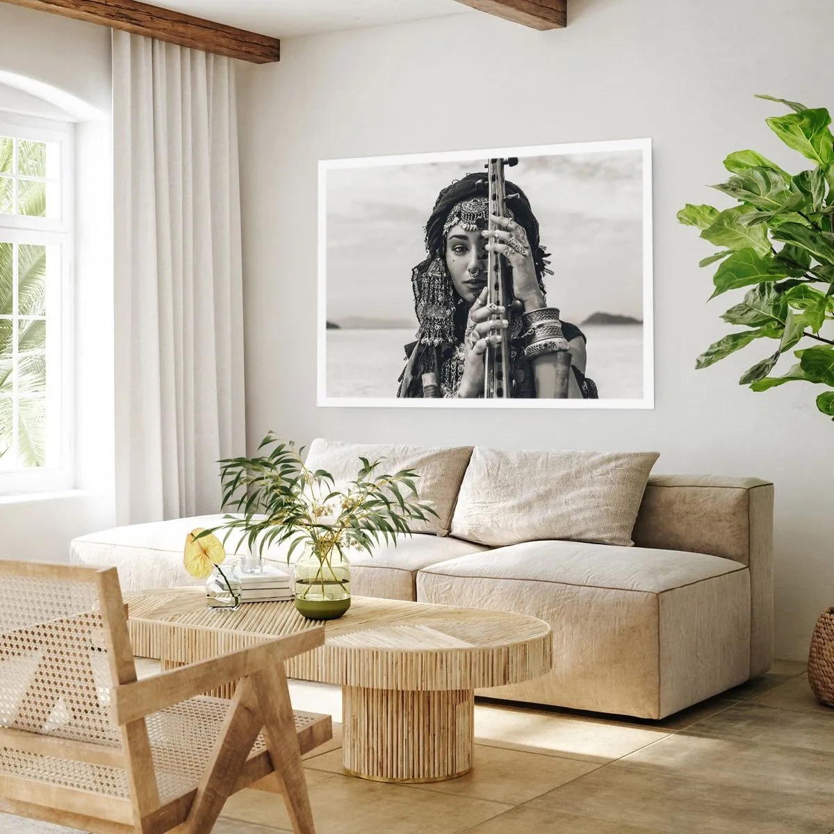 Poster - Porträt einer Frau mit ethnischem Schmuck, die ein Instrument in der Hand hält - 100x70cm - Die Musik des Orients selbst - Moderne Wanddekoration für Wohnzimmer und Schlafzimmer ARTTOR