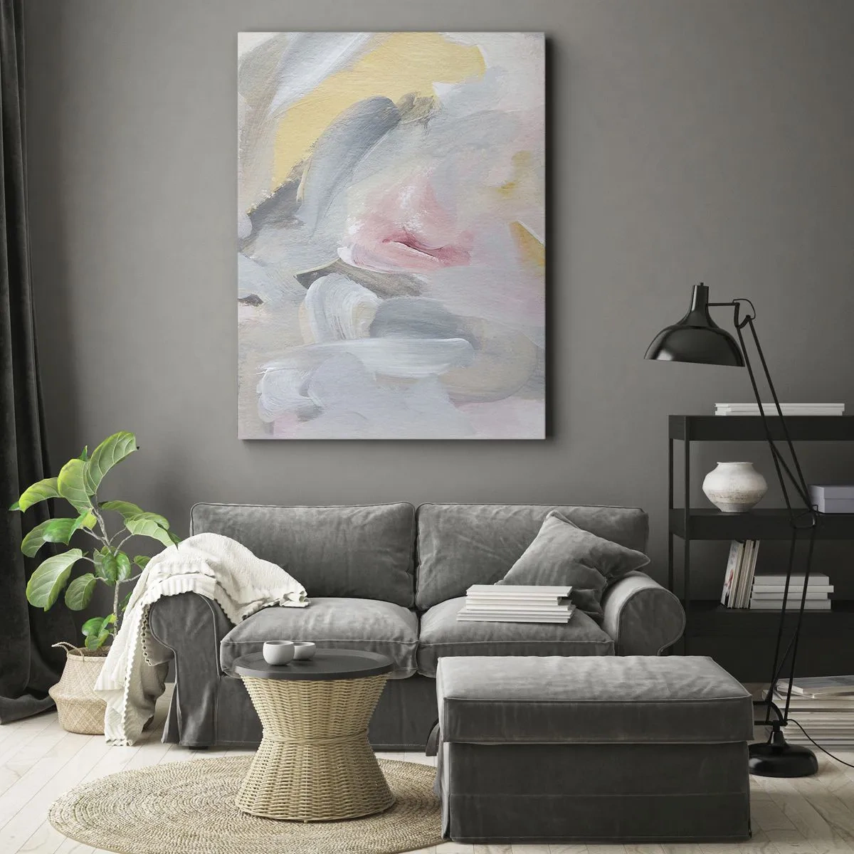 Bild auf Leinwand - Leinwandbild - Abstrakte Pastellstriche in Rosa- und Grautönen. - 70x100cm - In einer Pastellwelt - Moderne Wanddekoration für Wohnzimmer und Schlafzimmer ARTTOR