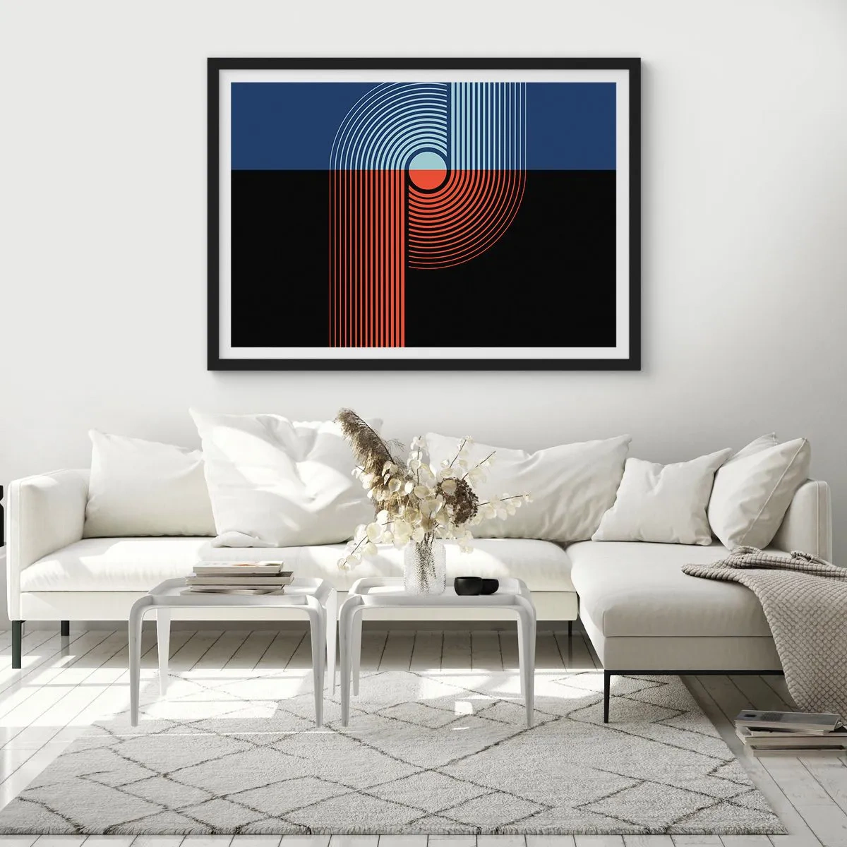 Poster in einem schwarzem Rahmen - Geometrische Abstraktion mit Linien in Marineblau und Orange. - 70x50cm - In einer geometrischen Umarmung - Moderne Wanddekoration für Wohnzimmer und Schlafzimmer ARTTOR