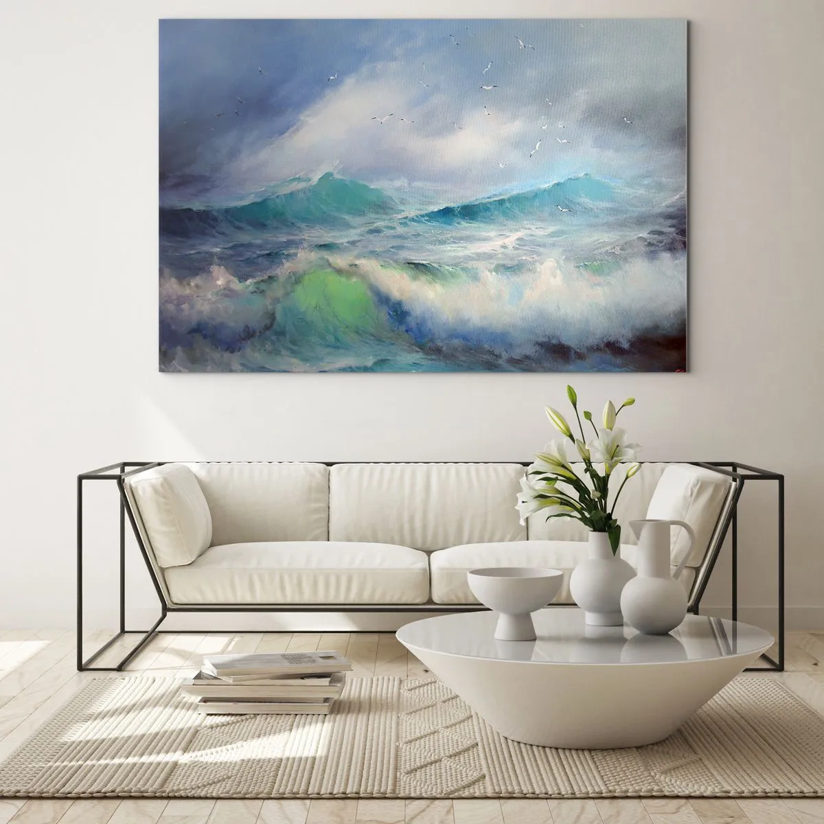 Glasbild - Bild auf glas - Raue Meereswellen mit Vögeln in einem bewölkten Himmel - 120x80cm - Der wind heulte mit Triumph - Moderne Wanddekoration für Wohnzimmer und Schlafzimmer ARTTOR