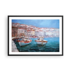Poster in einem schwarzem Rahmen - Boote in einer malerischen italienischen Bucht - 70x50cm - Italienische Bucht - Moderne Wanddekoration für Wohnzimmer und Schlafzimmer ARTTOR