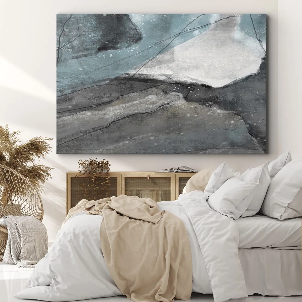 Bild auf Leinwand - Leinwandbild - Abstrakte Komposition in Grau- und Blautönen - 70x50cm - Abstraktion: Felsen und Eis - Moderne Wanddekoration für Wohnzimmer und Schlafzimmer ARTTOR