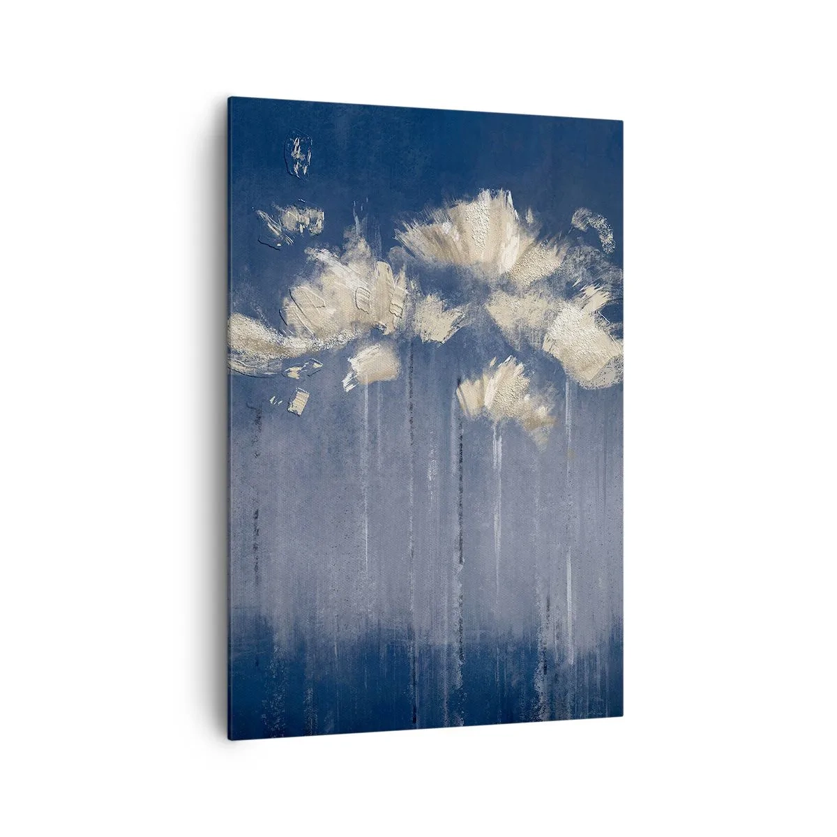 Bild auf Leinwand - Leinwandbild - Zarte Blüten auf blauem Hintergrund - 70x100cm - Wie Blütenblätter im Wind - Moderne Wanddekoration für Wohnzimmer und Schlafzimmer ARTTOR