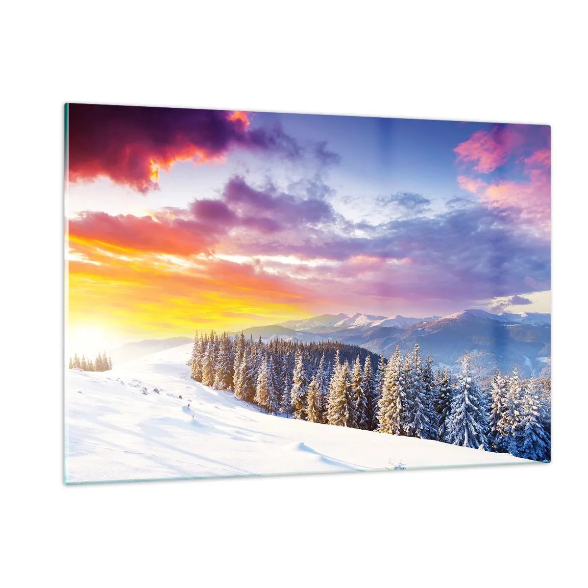Glasbild - Bild auf glas - Winterliche Berglandschaft mit schneebedeckten Bäumen und buntem Himmel - 120x80cm - Am helllichten Tag - Moderne Wanddekoration für Wohnzimmer und Schlafzimmer ARTTOR