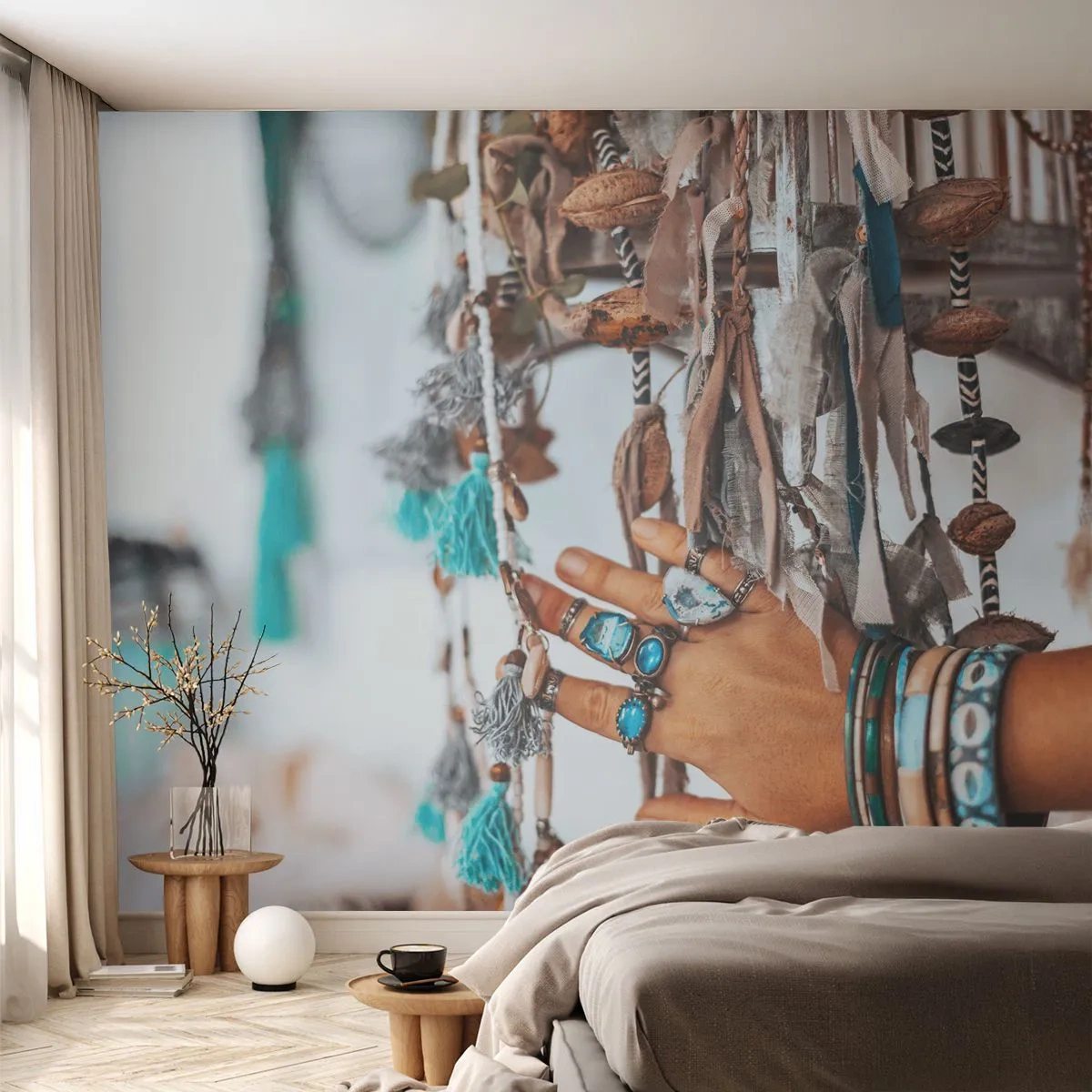 Fototapete Premium Sand - Lokale Schätze - Frauenhand, Schmuck, Boho - 400x280 cm