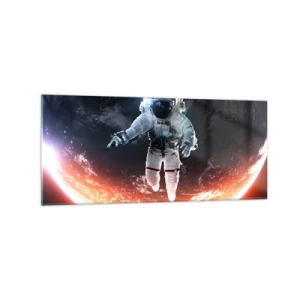 Glasbild - Bild auf glas - Ein Astronaut schwebt über einer sonnenbeschienenen Erde - 120x50cm - Kann ich noch eine Weile bleiben? - Moderne Wanddekoration für Wohnzimmer und Schlafzimmer ARTTOR