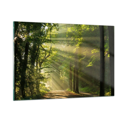 Glasbild - Bild auf glas - Ein Waldweg, beleuchtet von den Sonnenstrahlen - 120x80cm - Waldmoment - Moderne Wanddekoration für Wohnzimmer und Schlafzimmer ARTTOR