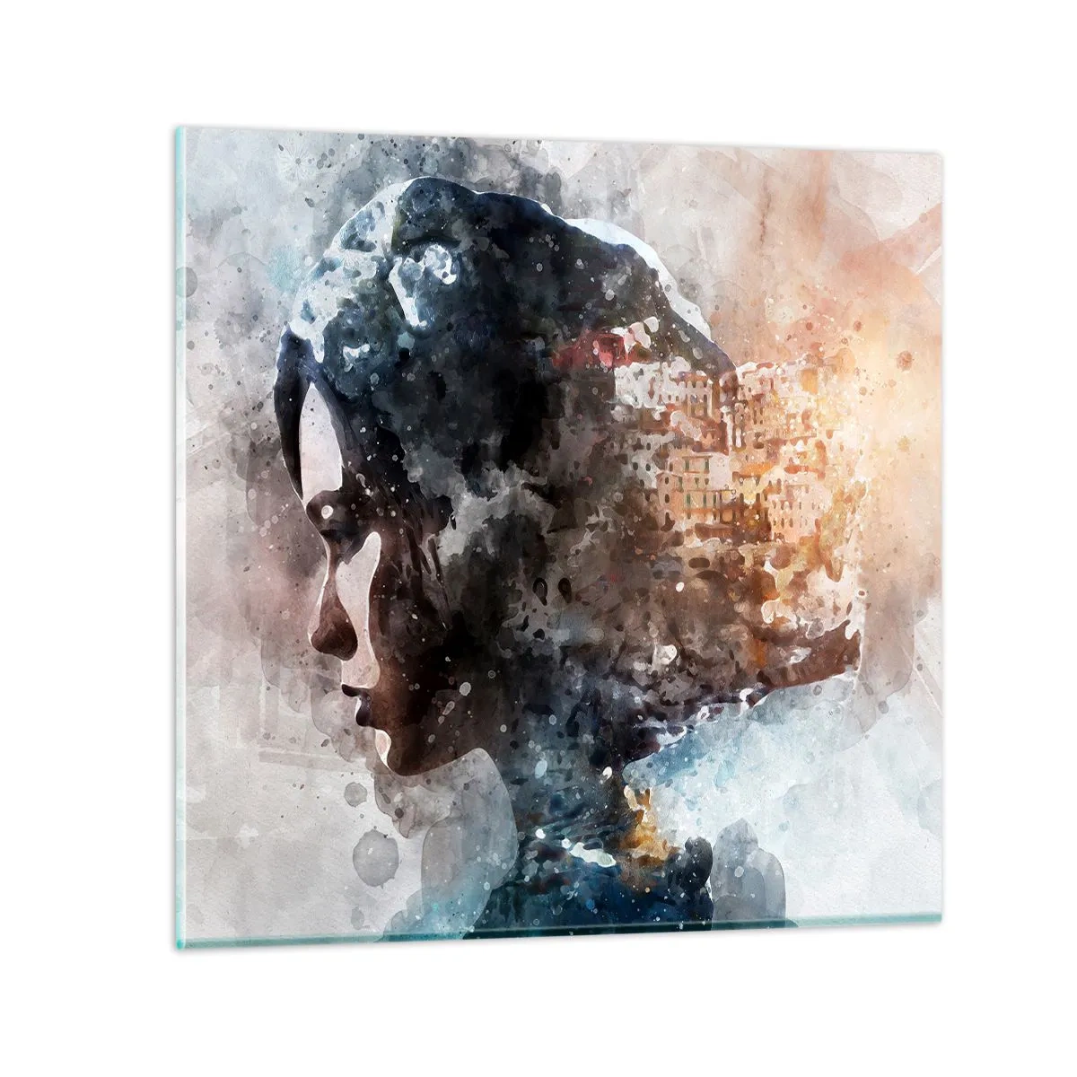 Glasbild - Bild auf glas - Eine Geschichte über ein Mädchen mit einer Stadt im Hintergrund - 70x70 cm