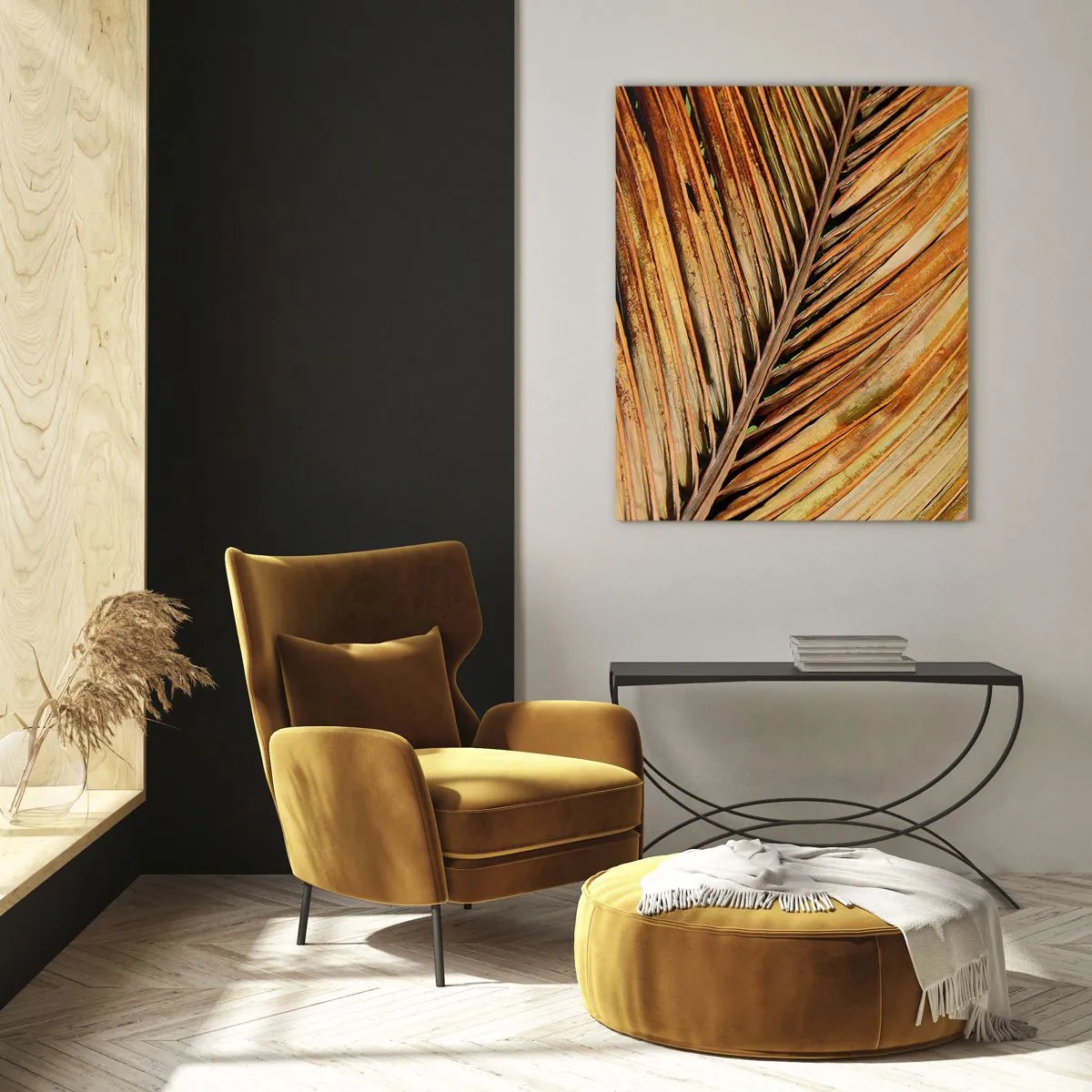 Glasbild - Bild auf glas - Nahaufnahme eines trockenen Palmblattes in warmen Tönen - 70x100cm - Kokosnuss-Gold - Moderne Wanddekoration für Wohnzimmer und Schlafzimmer ARTTOR