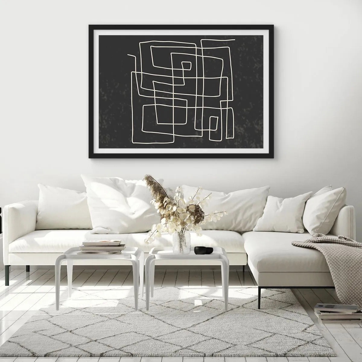 Poster in einem schwarzem Rahmen - Abstraktes geometrisches Muster auf dunklem Hintergrund - 100x70cm - Nicht so einfach - Moderne Wanddekoration für Wohnzimmer und Schlafzimmer ARTTOR