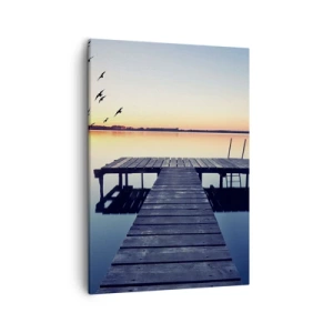 Bild auf Leinwand - Leinwandbild - Holzsteg auf einem See bei Sonnenaufgang mit Vögeln - 50x70cm - Das war ein guter Tag - Moderne Wanddekoration für Wohnzimmer und Schlafzimmer ARTTOR