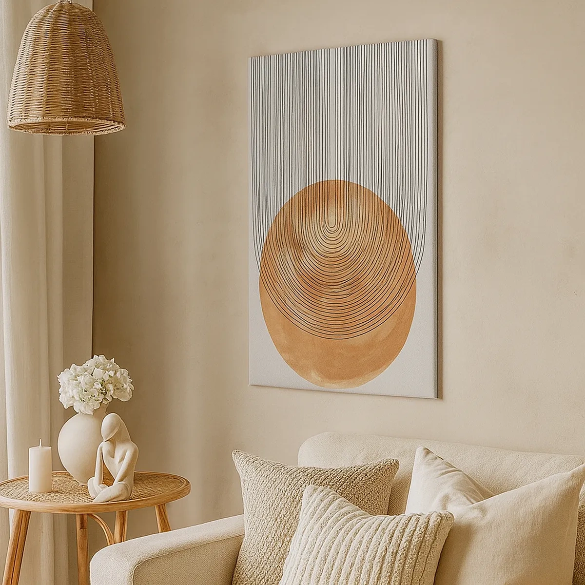 Bild auf Leinwand - Leinwandbild - Geometrische Komposition mit Kreisen und Linien in warmen Farben. - 50x70cm - SonnenKomposition - Moderne Wanddekoration für Wohnzimmer und Schlafzimmer ARTTOR