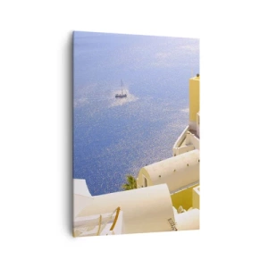 Bild auf Leinwand - Leinwandbild - Griechische Architektur mit Meerblick und einem Boot im Hintergrund - 70x100cm - Griechische Landschaft in Weiß und Blau - Moderne Wanddekoration für Wohnzimmer und Schlafzimmer ARTTOR