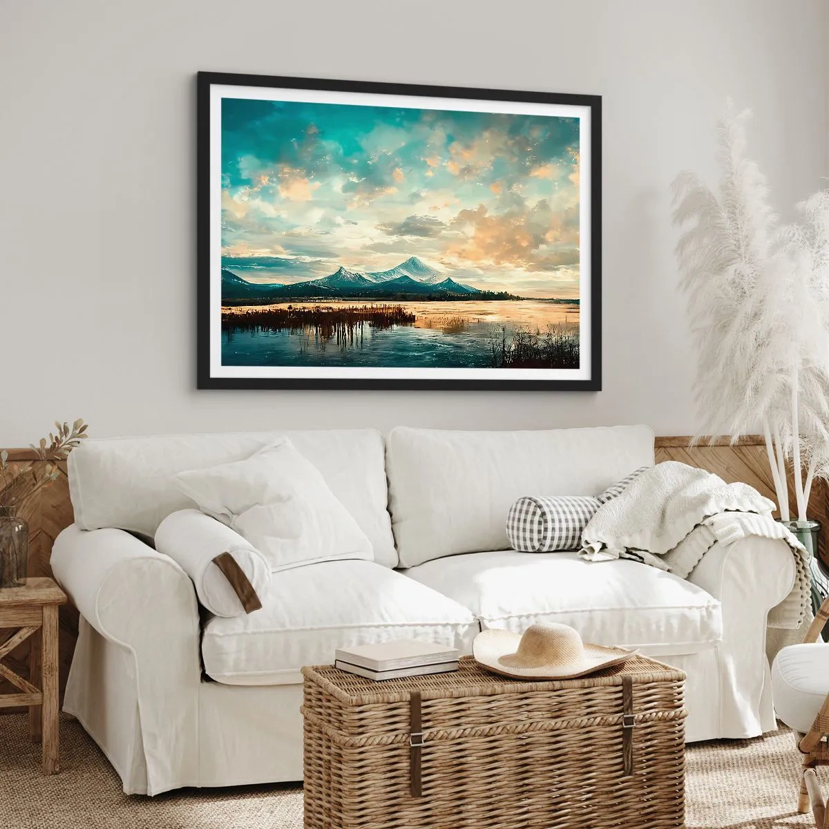 Poster in einem schwarzem Rahmen - Eine malerische Landschaft mit einem Berg und einem ruhigen See - 100x70cm - Unter dem Schutz des Himmels - Moderne Wanddekoration für Wohnzimmer und Schlafzimmer ARTTOR