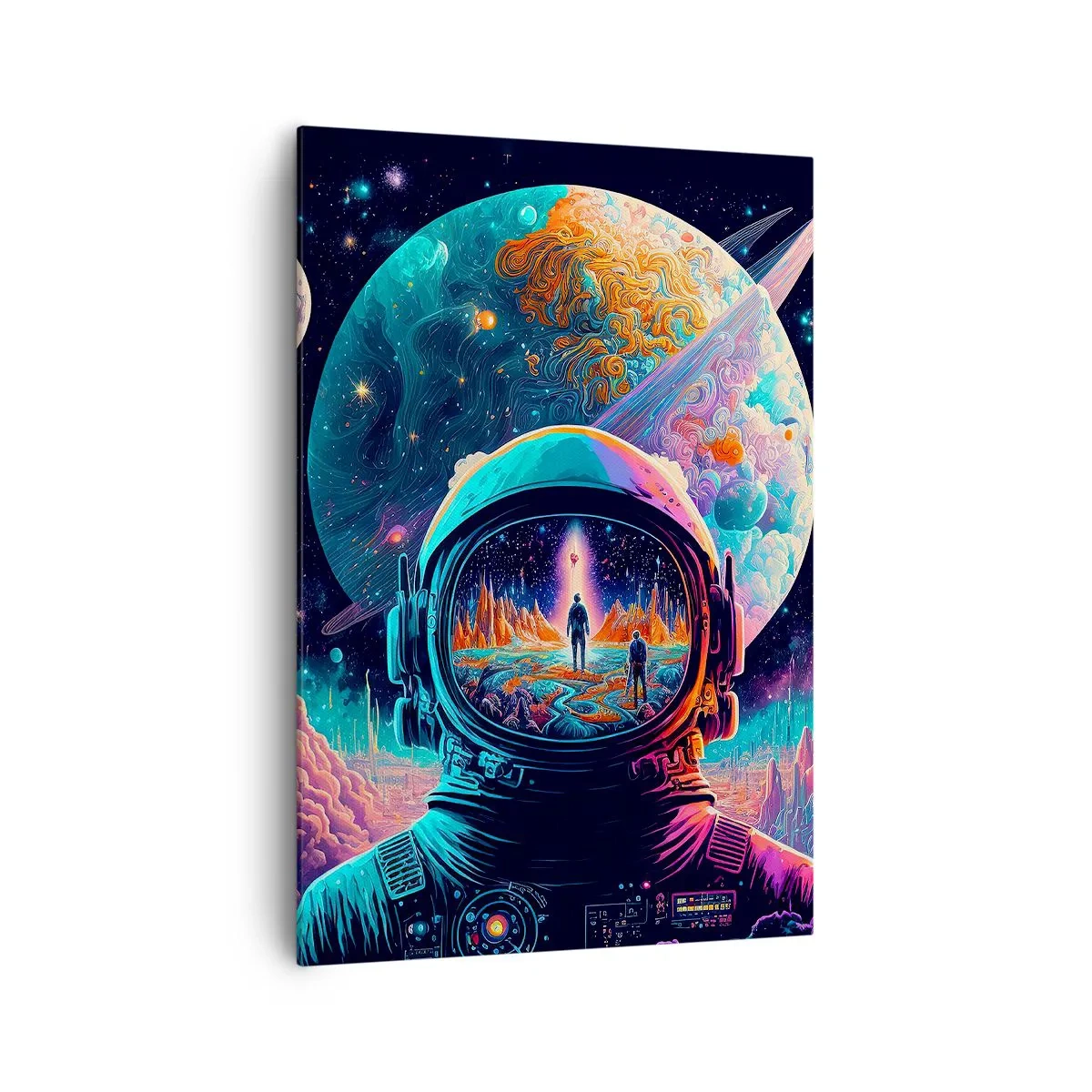 Bild auf Leinwand - Leinwandbild - Astronaut im Weltraum mit einer farbenfrohen Planetenlandschaft - 70x100cm - Philosophen haben nicht davon geträumt - Moderne Wanddekoration für Wohnzimmer und Schlafzimmer ARTTOR