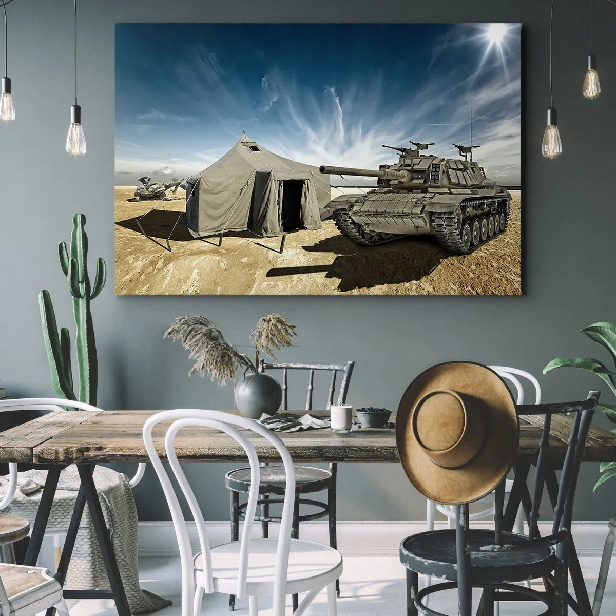 Bild auf Leinwand - Leinwandbild - Ein Panzer neben einem Militärzelt in einer Wüstengegend - 100x70cm - Ein militärischer Traum - Moderne Wanddekoration für Wohnzimmer und Schlafzimmer ARTTOR