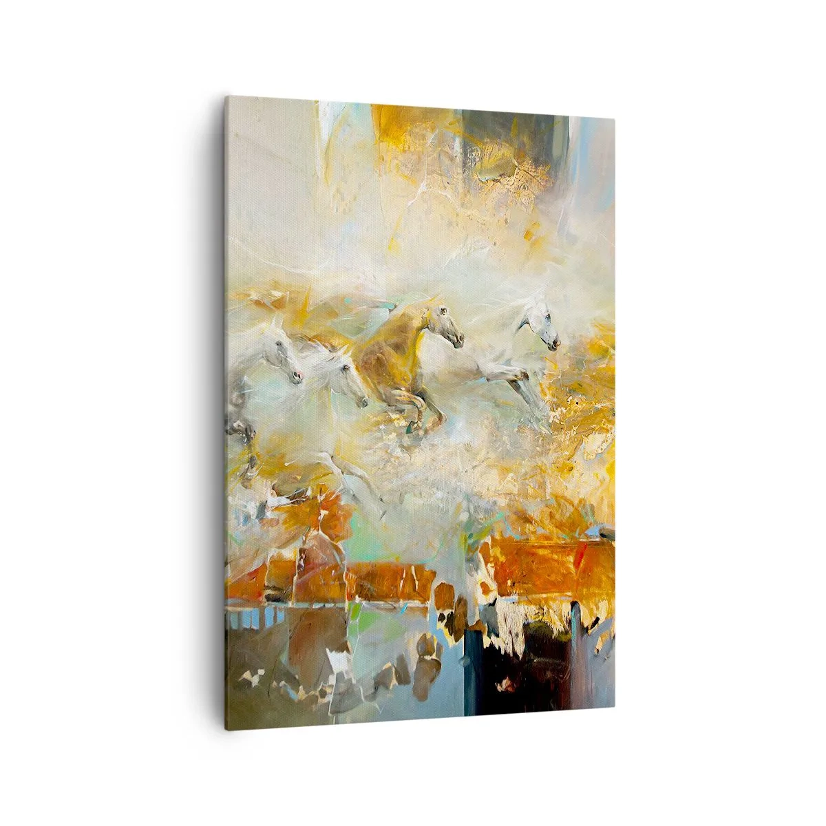 Bild auf Leinwand - Leinwandbild - Künstlerische Pferde in einer dynamischen, farbenfrohen Umgebung - 70x100cm - Im Galopp durch das Licht - Moderne Wanddekoration für Wohnzimmer und Schlafzimmer ARTTOR