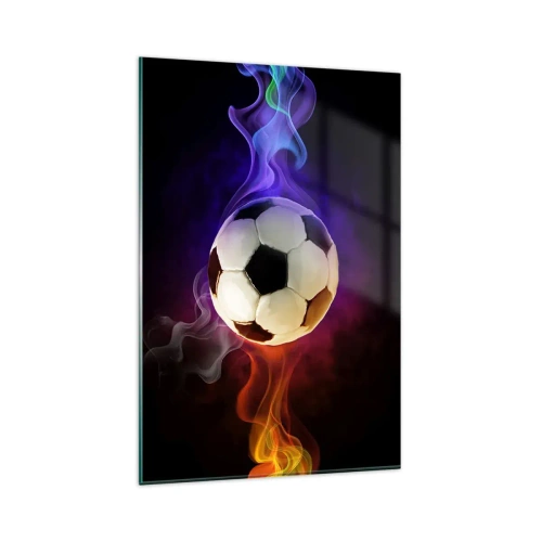 Glasbild - Bild auf glas - Ein Fußball, umgeben von bunten Raucheffekten auf dunklem Hintergrund. - 80x120cm - Die magische Kraft des Spiels - Moderne Wanddekoration für Wohnzimmer und Schlafzimmer ARTTOR