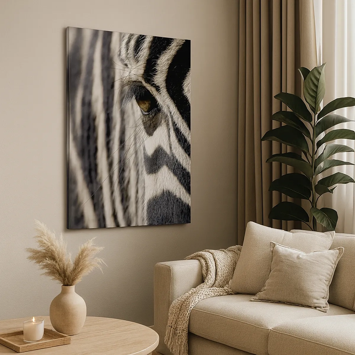 Bild auf Leinwand - Leinwandbild - Nahaufnahme eines Zebraauges mit schwarzen und weißen Streifen - 50x70cm - Gestreiftes Porträt - Moderne Wanddekoration für Wohnzimmer und Schlafzimmer ARTTOR