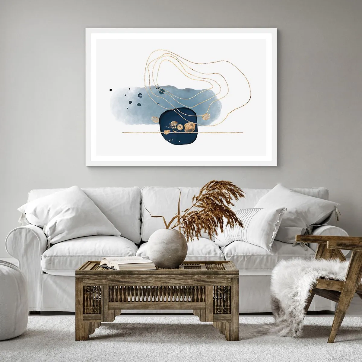 Poster in einem weißen Rahmen - Blau-goldene Fantasie - 40x40 cm