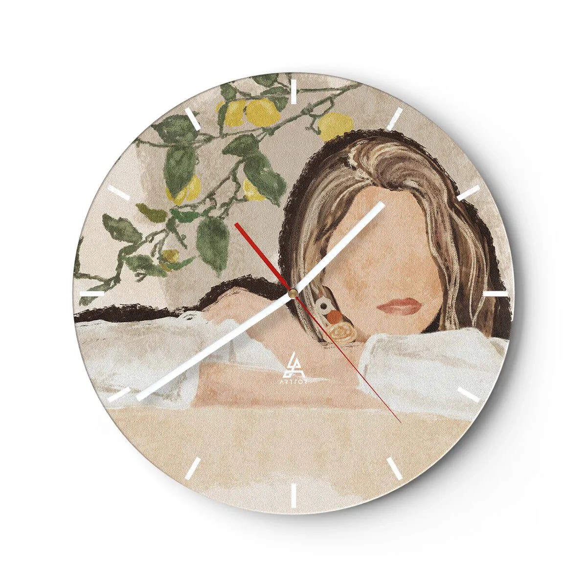 Wanduhr - Glasuhr - Eine Frau mit langen Haaren vor einem Zitronenbaum - 30x30cm - Südländische Schönheit - Moderne Wanddekoration für Wohnzimmer, Küche und Schlafzimmer ARTTOR
