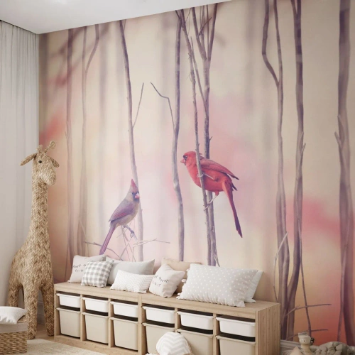 Fototapete Premium Canvas - Ein Kardinalspaar sitzt auf Ästen in einer pastellfarbenen Landschaft - 100x70cm - Geschichte vom rosa Wald - Moderne Wanddekoration für Wohnzimmer und Schlafzimmer ARTTOR