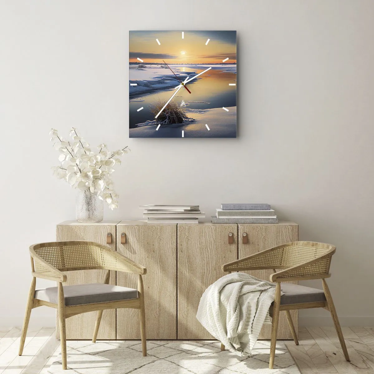 Wanduhr - Glasuhr - Wintersonnenuntergang - 40x40 cm