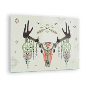 Glasbild - Bild auf glas - Symbolische Hörner und indianische Muster auf hellem Hintergrund - 70x50cm - Indische Jägertrophäe - Moderne Wanddekoration für Wohnzimmer und Schlafzimmer ARTTOR