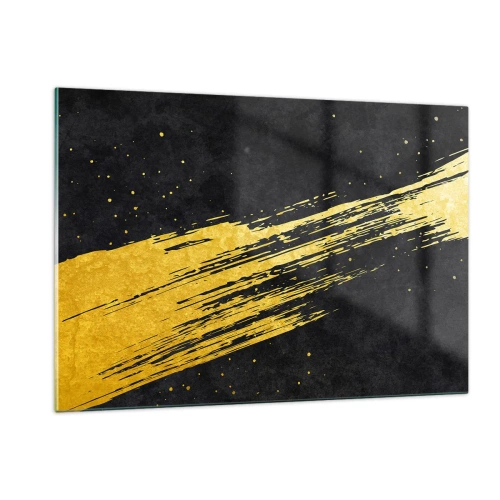 Glasbild - Bild auf glas - Ein goldener Pinsel auf schwarzem Hintergrund in dynamischer, abstrakter Form - 120x80cm - Sprung in den Hyperraum - Moderne Wanddekoration für Wohnzimmer und Schlafzimmer ARTTOR