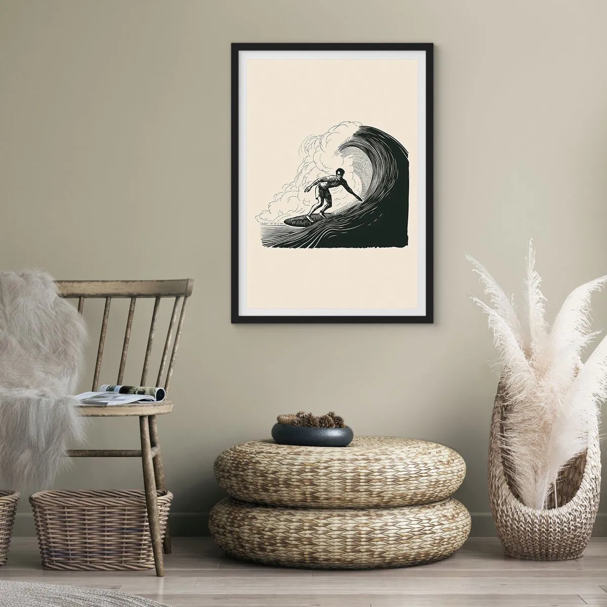 Poster in einem schwarzem Rahmen - Retro-Surfer auf Wellengrafik, schwarz-cremefarbene Komposition - 50x70cm - König der Welle - Moderne Wanddekoration für Wohnzimmer und Schlafzimmer ARTTOR