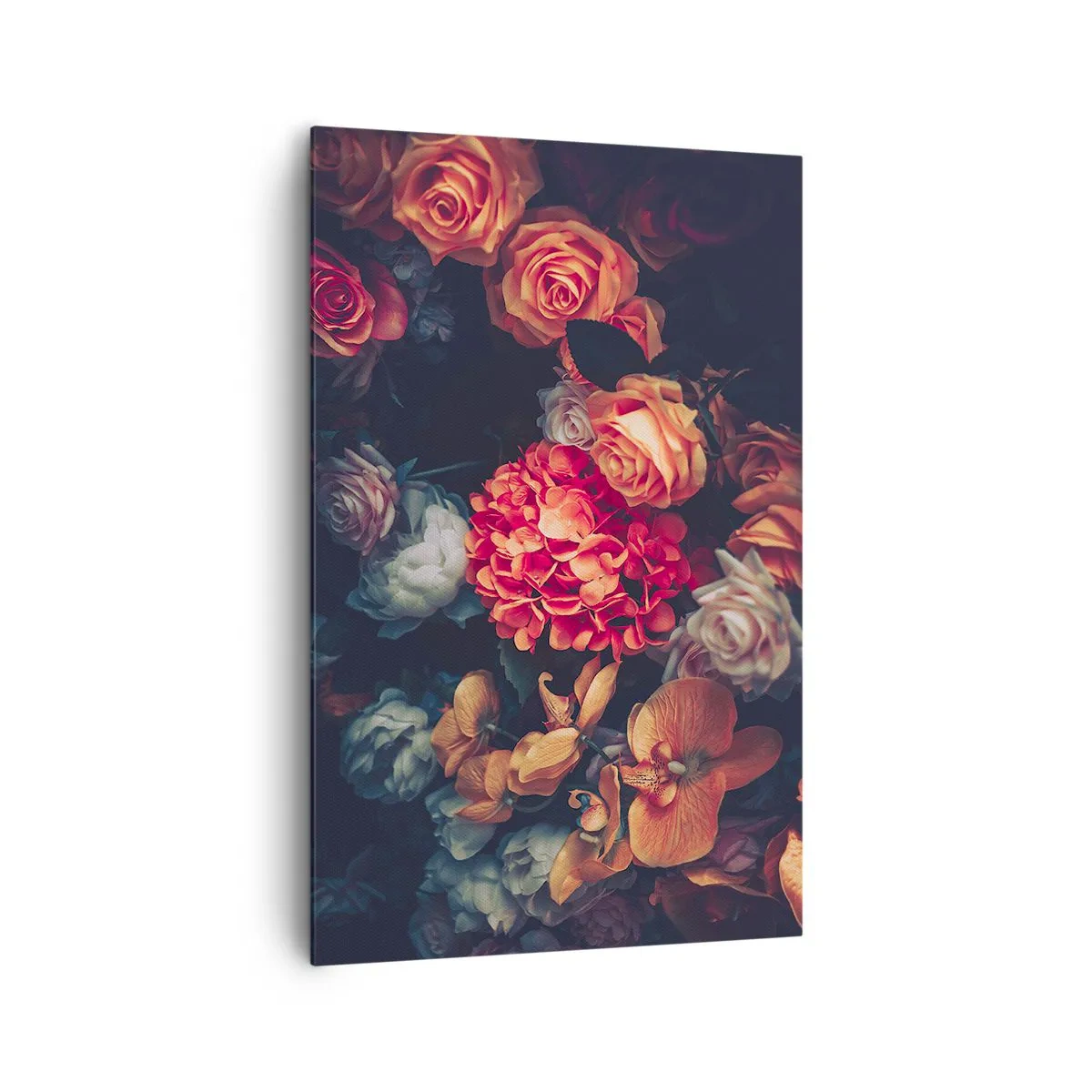 Bild auf Leinwand - Leinwandbild - Ein Strauß verschiedener Blumen in dunklen Tönen - 80x120cm - Wie bei den holländischen Meistern - Moderne Wanddekoration für Wohnzimmer und Schlafzimmer ARTTOR