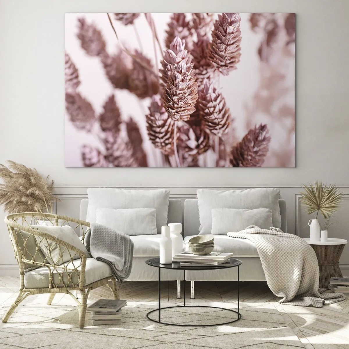 Glasbild - Bild auf glas - Getrocknete Grashalme in Puderrosa-Tönen - 120x80cm - Scheinbar unauffällig - Moderne Wanddekoration für Wohnzimmer und Schlafzimmer ARTTOR