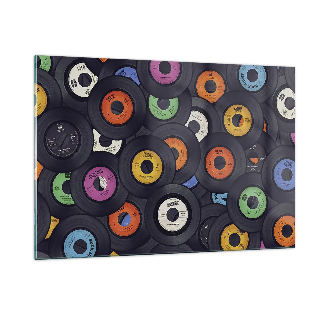 Glasbild - Bild auf glas - Bunte Vinyl-Schallplatten auf schwarzem Hintergrund - 120x80cm - Farben der Klassiker - Moderne Wanddekoration für Wohnzimmer und Schlafzimmer ARTTOR