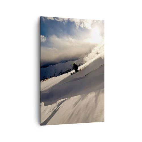 Bild auf Leinwand - Leinwandbild - Ein Skifahrer auf einer Piste, umgeben von Bergen und Schnee - 80x120cm - Bergherausforderung angenommen - Moderne Wanddekoration für Wohnzimmer und Schlafzimmer ARTTOR