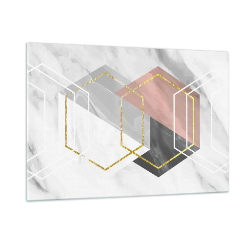 Glasbild - Bild auf glas - Goldene geometrische Formen auf Marmorhintergrund - 120x80cm - Kettenkomposition - Moderne Wanddekoration für Wohnzimmer und Schlafzimmer ARTTOR