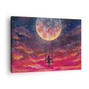Bild auf Leinwand - Leinwandbild - Eine Figur auf einer Schaukel, die vor dem Mond hängt - 70x50cm - Traum - Moderne Wanddekoration für Wohnzimmer und Schlafzimmer ARTTOR