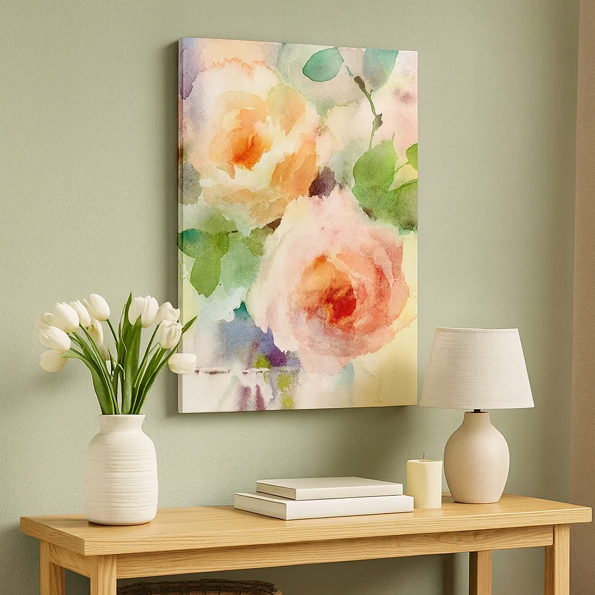 Bild auf Leinwand - Leinwandbild - Zarte Rosen im Aquarell-Stil auf hellem Hintergrund - 50x70cm - Zart wie Aquarell - Moderne Wanddekoration für Wohnzimmer und Schlafzimmer ARTTOR