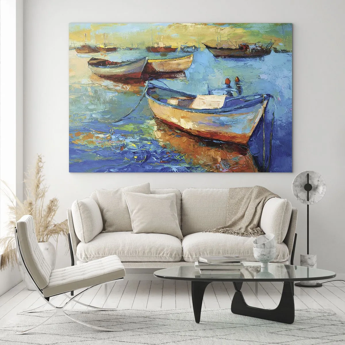 Glasbild - Bild auf glas - Bunte Boote auf ruhigem Wasserhintergrund - 70x50cm - In der südlichen Bucht - Moderne Wanddekoration für Wohnzimmer und Schlafzimmer ARTTOR