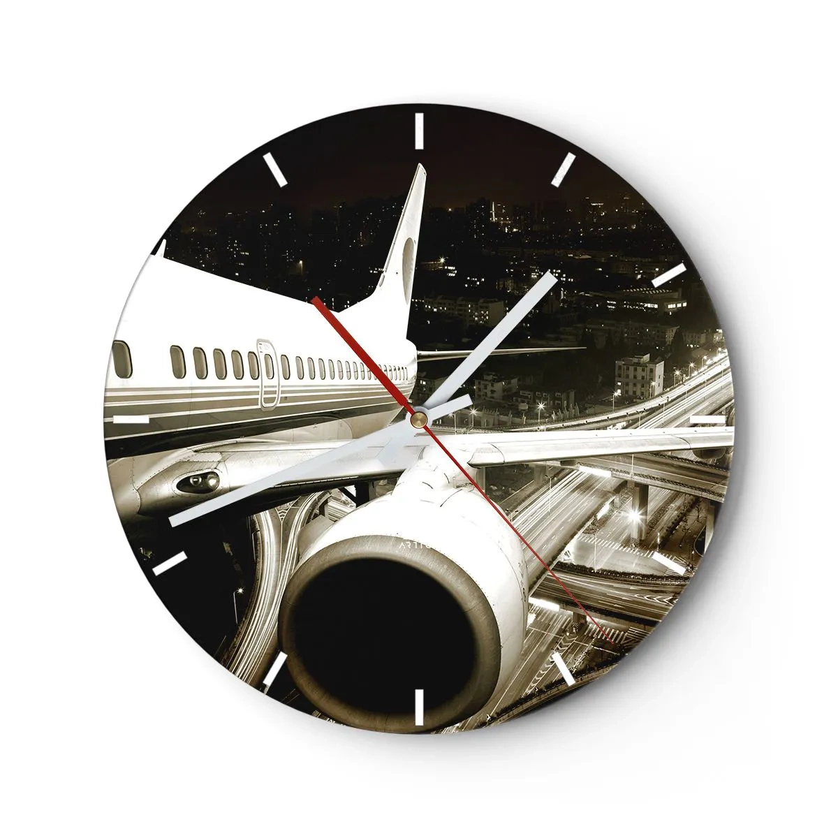 Wanduhr - Glasuhr - Ein Flugzeug vor der Kulisse einer nächtlichen Stadt - 30x30cm - In die Nacht fliegen - Moderne Wanddekoration für Wohnzimmer, Küche und Schlafzimmer ARTTOR