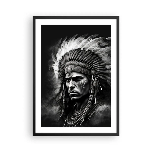 Poster in einem schwarzem Rahmen - Porträt eines Kriegers mit traditionellem Federkopfschmuck - 50x70cm - Anführer und Krieger - Moderne Wanddekoration für Wohnzimmer und Schlafzimmer ARTTOR