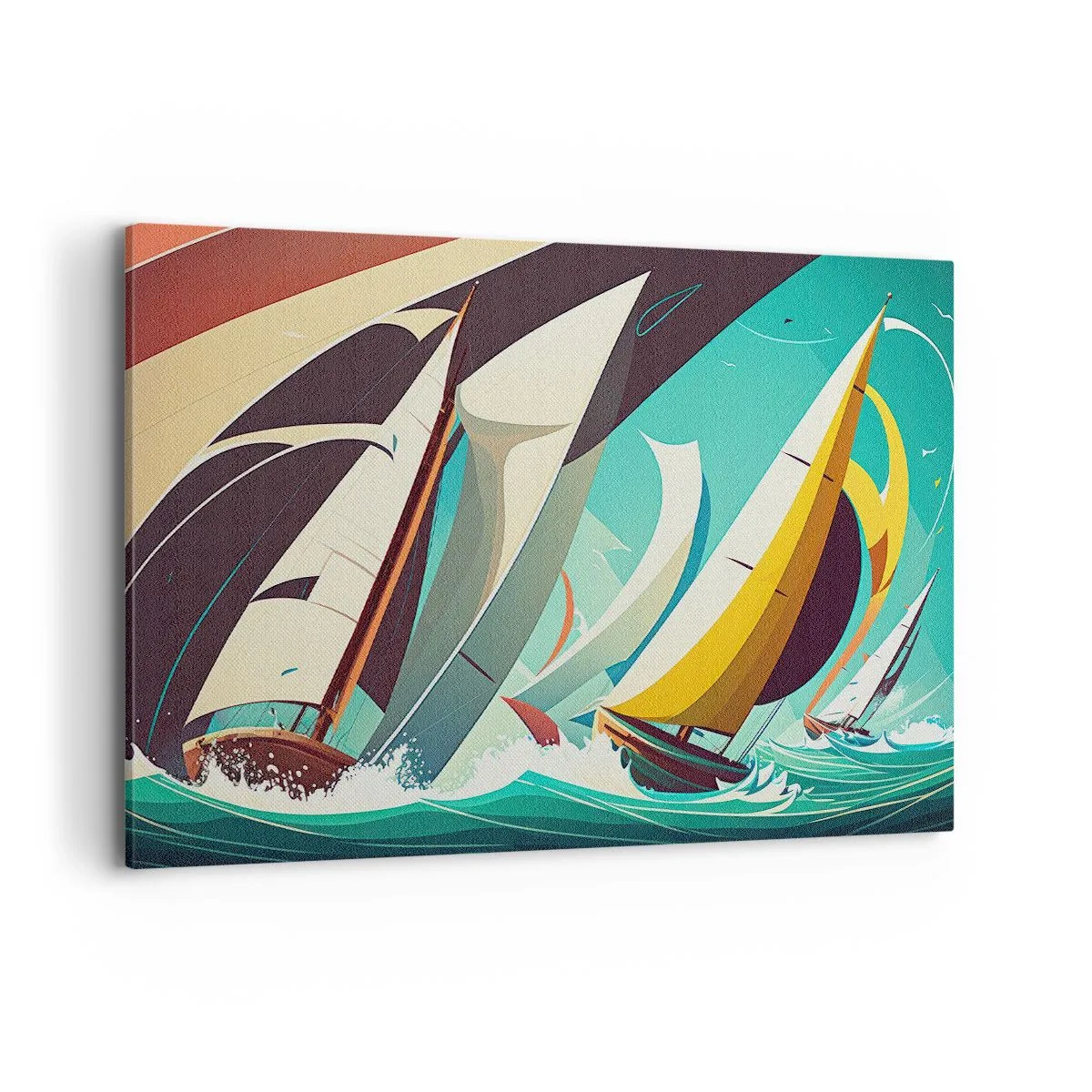 Bild auf Leinwand - Leinwandbild - Eine dynamische Illustration von Segelbooten in stürmischer See. - 100x70cm - Viel Glück mit den Elementen - Moderne Wanddekoration für Wohnzimmer und Schlafzimmer ARTTOR