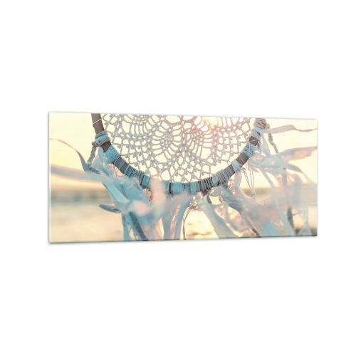 Glasbild - Bild auf glas - Ein zarter Traumfänger vor dem Hintergrund der untergehenden Sonne - 120x50cm - Totem aus Spitze - Moderne Wanddekoration für Wohnzimmer und Schlafzimmer ARTTOR