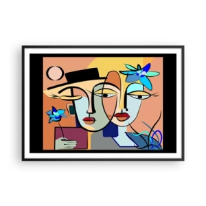 Poster in einem schwarzem Rahmen - Kubistische Porträts in leuchtenden Farben mit floralem Motiv - 100x70cm - Picassos randez vous - Moderne Wanddekoration für Wohnzimmer und Schlafzimmer ARTTOR