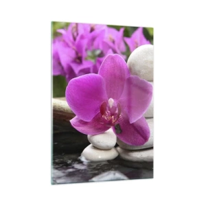 Glasbild - Bild auf glas - Lila Orchidee, Steine und Bambus-Wasserfall - 50x70cm - Du ruhst dich schon aus - Moderne Wanddekoration für Wohnzimmer und Schlafzimmer ARTTOR