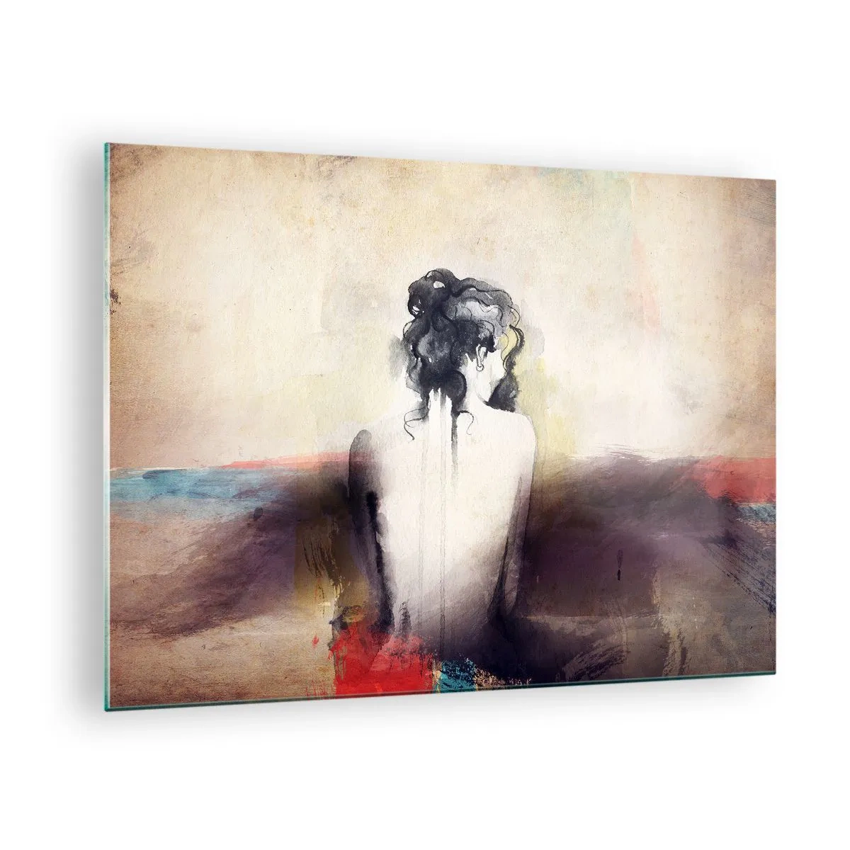 Glasbild - Bild auf glas - Ein subtiles Porträt einer Frau vor einem pastellfarbenen Landschaftshintergrund. - 70x50cm - Glatte Linien, ovale Formen - Moderne Wanddekoration für Wohnzimmer und Schlafzimmer ARTTOR
