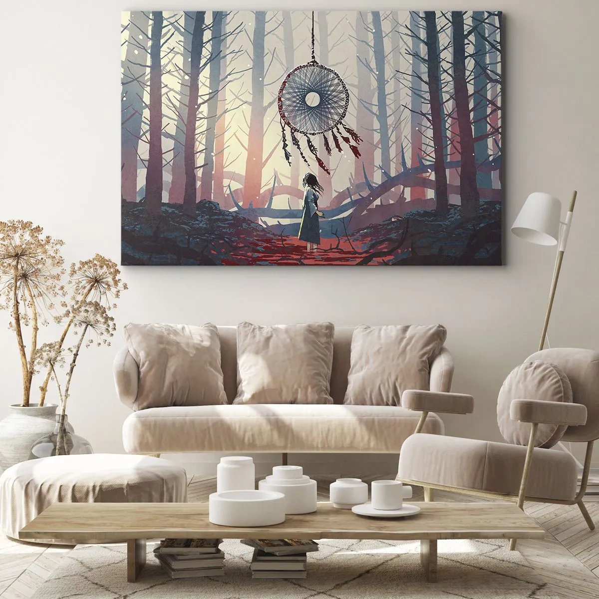 Bild auf Leinwand - Leinwandbild - Waldszene mit riesigem Traumfänger - 100x70cm - Geheimes Glücksritual - Moderne Wanddekoration für Wohnzimmer und Schlafzimmer ARTTOR