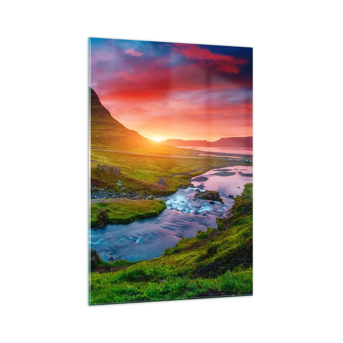 Glasbild - Bild auf glas - Malerischer Wasserfall und Berg bei Sonnenuntergang - 70x100cm - Island - Feuer und Wasser - Moderne Wanddekoration für Wohnzimmer und Schlafzimmer ARTTOR